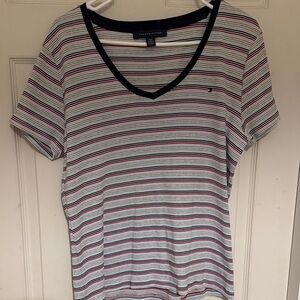 Tommy Hilfiger Women's Short Sleeve Striped Tee - Navy, Red, and White